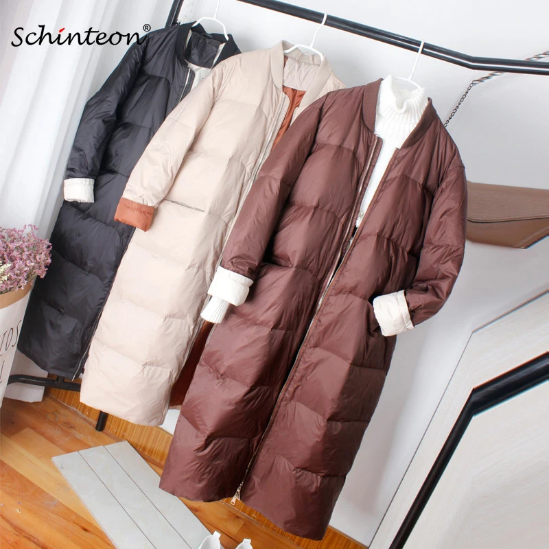 

Schinteon New Korean Style Baseball Down Jacket Coat Loose Winter Long Outwear 90% White Duck Down Coat Over Size Short Sleeve