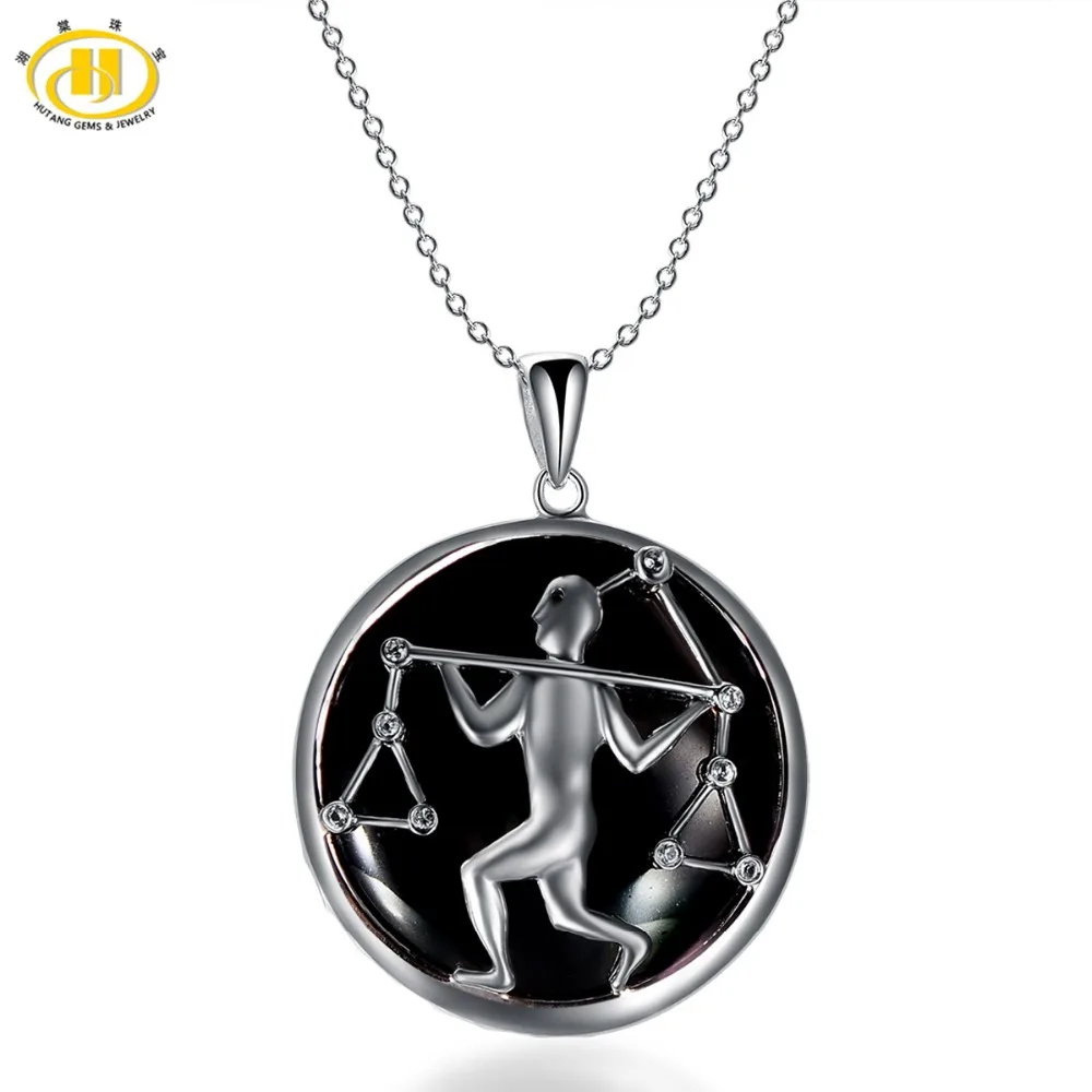 

Hutang Libra Zodiac Pendant Natural Black Jade 23mm Solid 925 Sterling Silver Necklace Women's Men's Fine Jewelry Birthday Gift