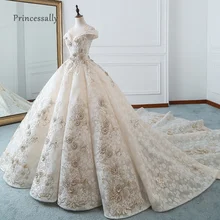 Роскошный суд Свадебное платье длинные с кристаллами и короткими рукавами Королевский поезд вышивка бисер цветы Vestido De Noiva