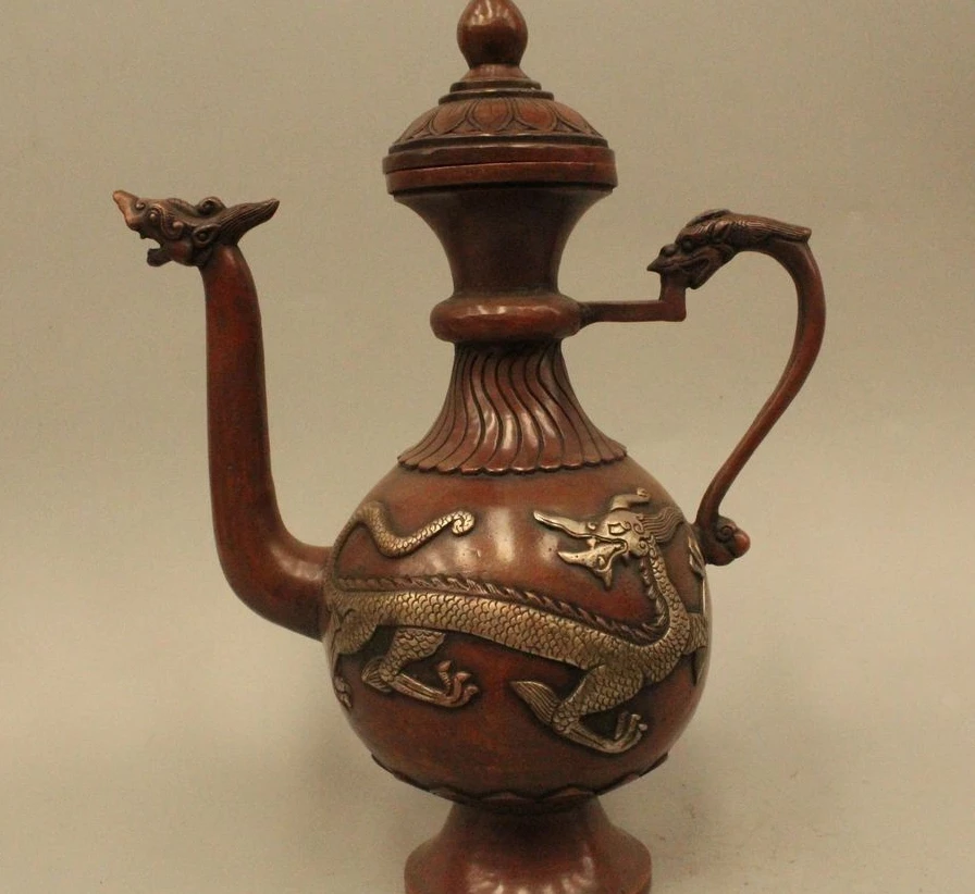 

11" Old Chinese Dynasty Bronze Silver Dragon Handle Water Wine Tea Pot Flagon