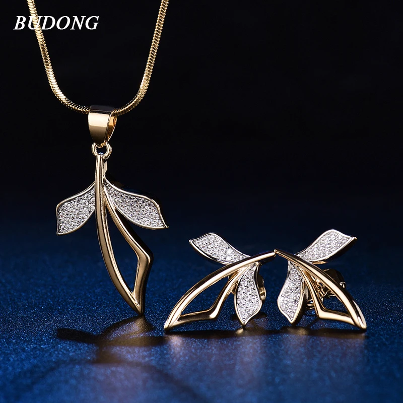 BUDONG font b Luxury b font font b Jewelry b font Sets Neckalce Earrings Engagement Gold