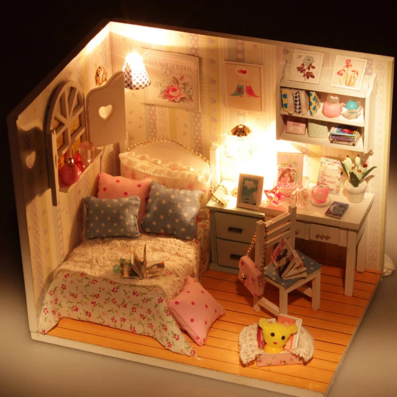 Diy деревянный кукольный дом миниатюрная кровать с светодиодный осветительный прибор пылезащитный чехол мебель подарок Миниатюрные