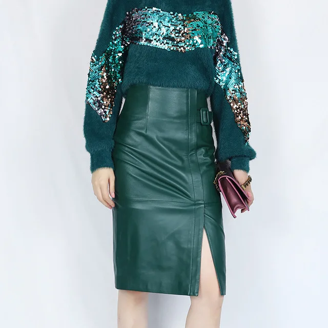

Womens 100% Real Leather Skirt Sheepskin Sheep Genuine Leather Pencil Skirts Women High Waist Bodycon Skirts Female Office Lady