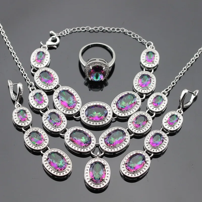 Buy Multicolor Rainbow Stones Silver Color Jewelry Sets For Women Necklace