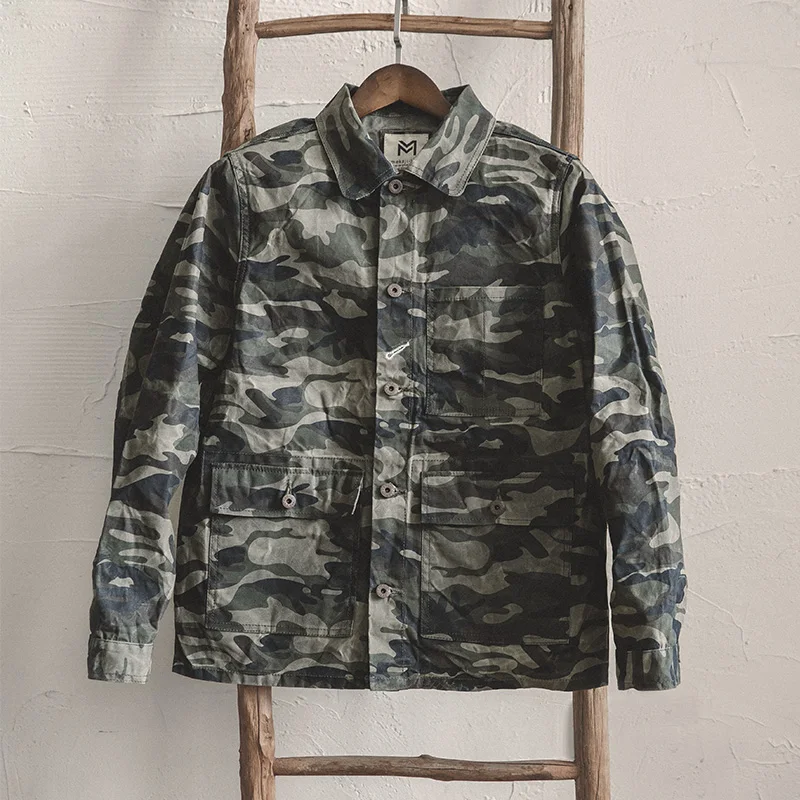  MADEN Men's Camo Waxed Canvas Cotton Military Jacket Work Trucker Jacket
