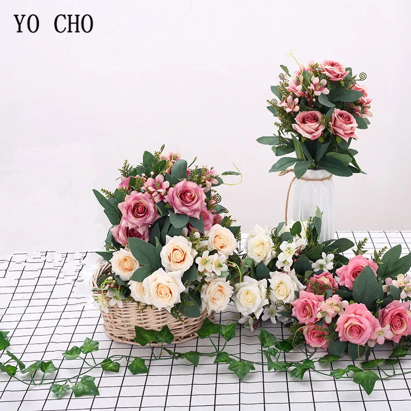 

YO CHO Bride Bouquet Wedding Flower Bridesmaid Bouquet High Quality Artificial Silk Simulation Rose 8 Heads DIY Home Party Decor