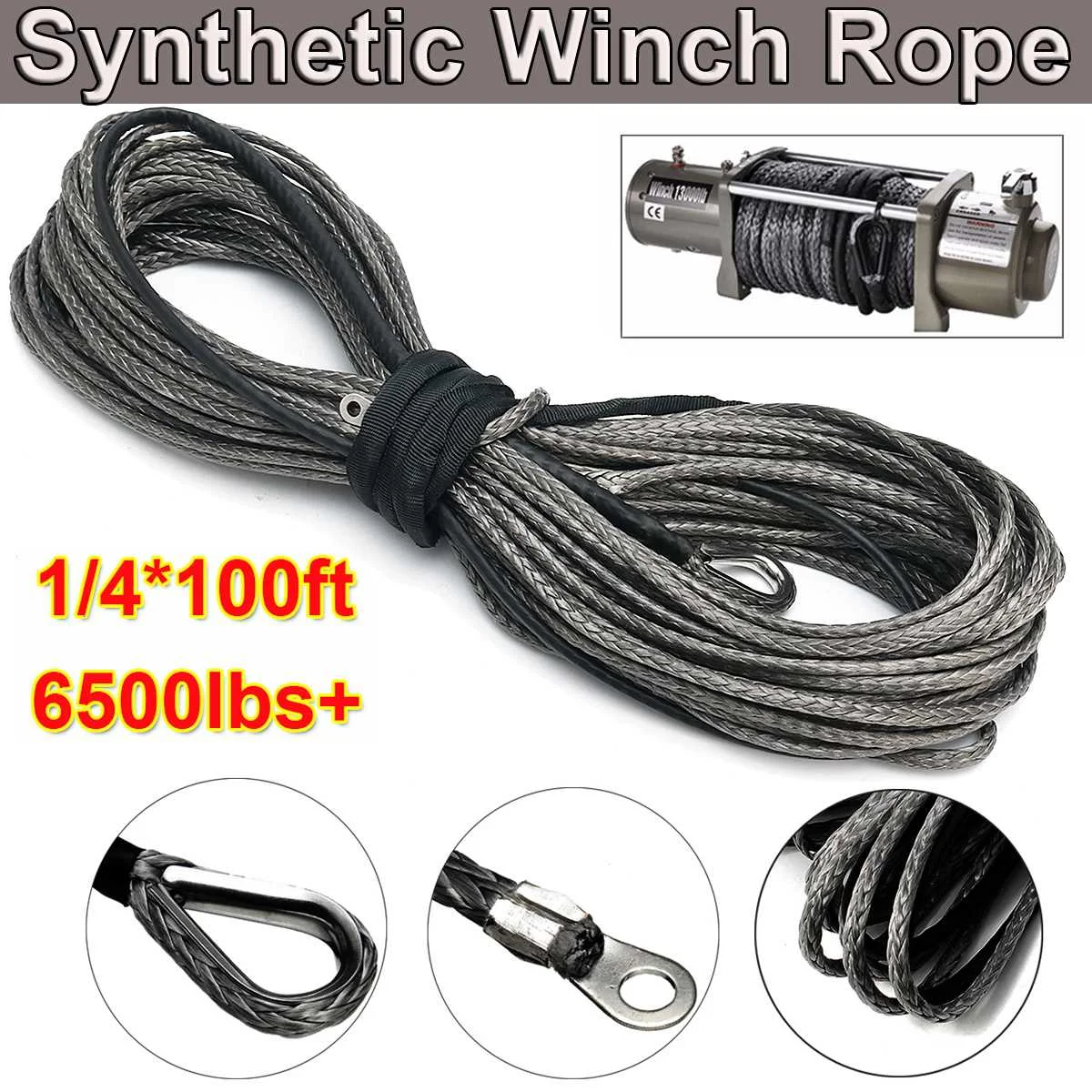 30 m حبل قطر 6500lbs الاصطناعية ونش رمادي الانتعاش حبل للمركبة UTV الطرق الوعرة 1/4 بوصة 100ft ونش كابل حبل قطر