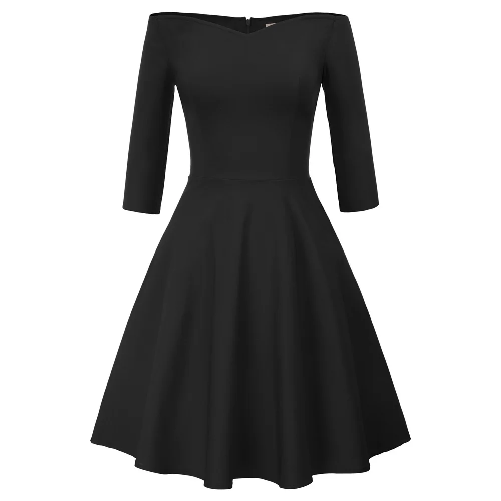 Women Retro Vintage Dresses 50s 60s Black 3/4 Sleeve Off Shoulder V-Ne ...