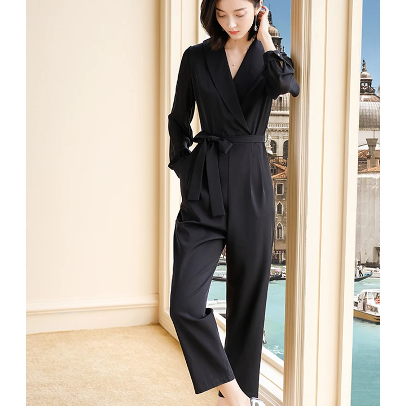 2019 New Plain Black blue Office Ladies Workwear Jumpsuit Wrap Lace Detail Tailored Long Sleeve Pockets Women Elegant Jumpsuit