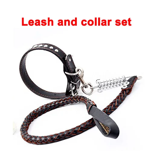 Черный плетеный поводок для дрессировки собак из натуральной кожи, сверхмощный ошейник для больших и средних домашних животных, для дрессировки собак и прогулок, 120 см - Цвет: 1 set collar leash