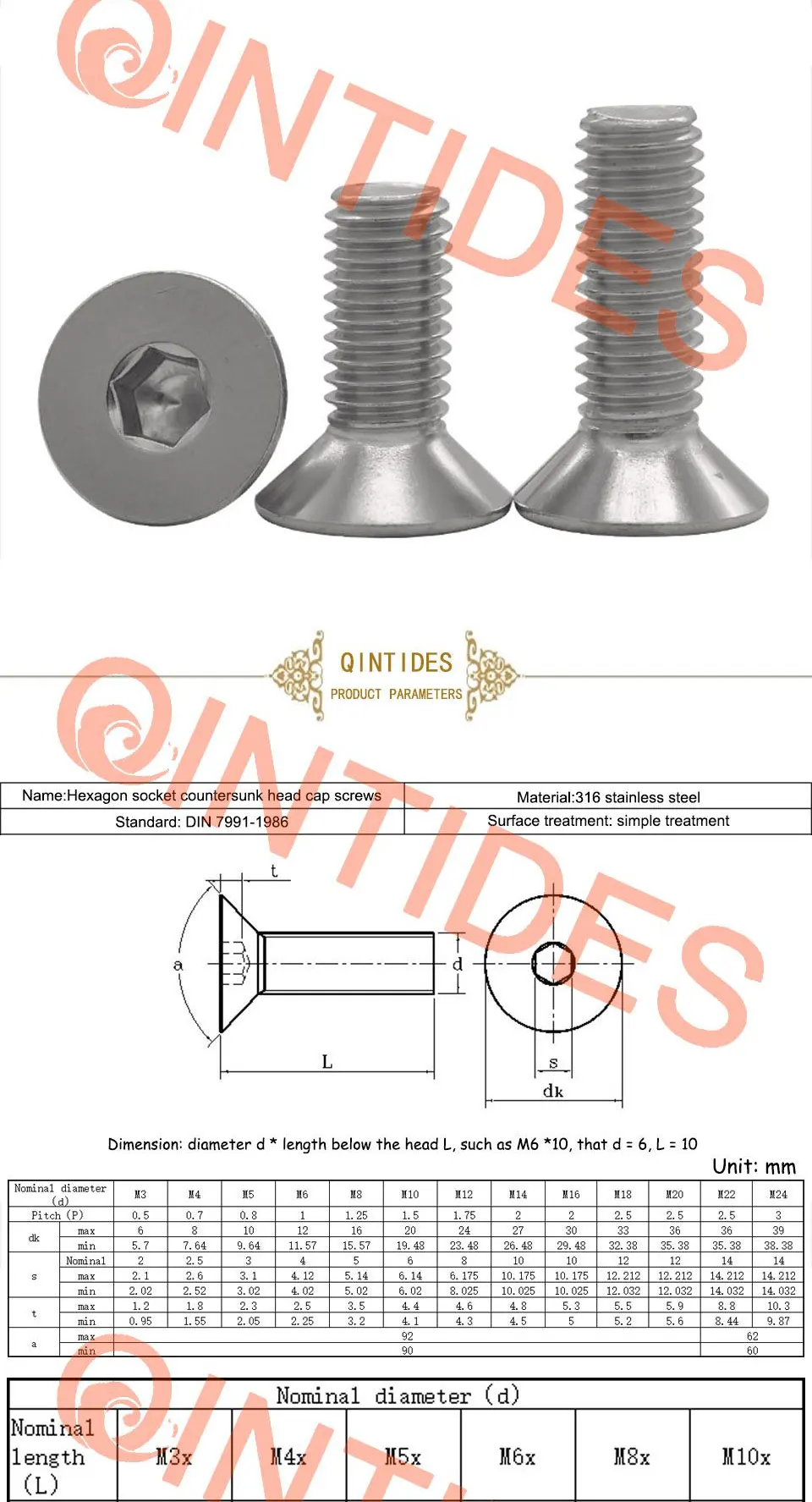 Винты с потайной головкой и шестигранной головкой qinstindes M6 M8 M10 316 винты с потайной головкой из нержавеющей стали винты с плоской головкой