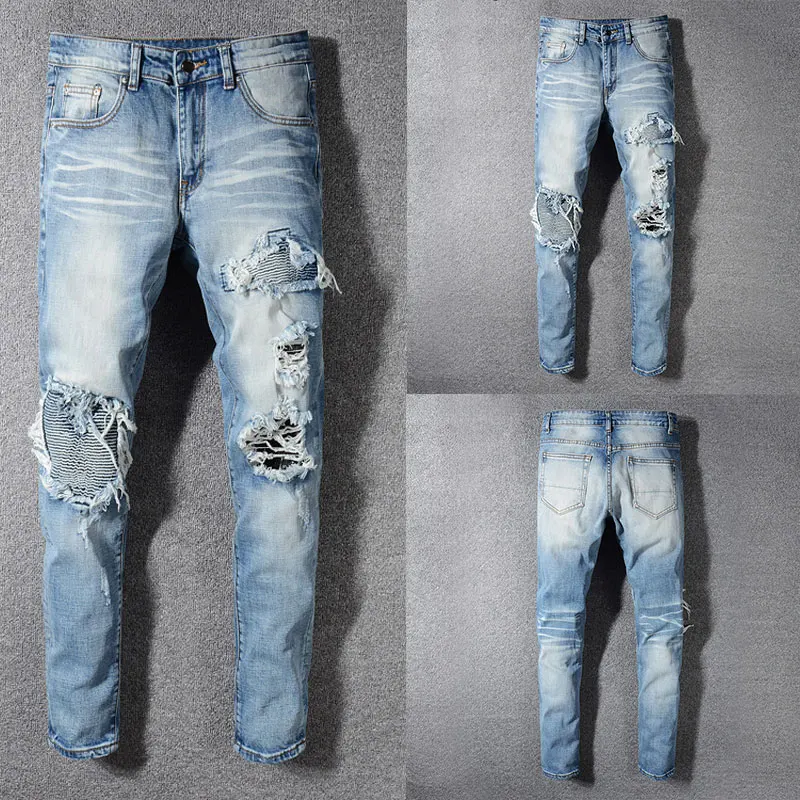 

2019 New Style New Men Jeans,Black Color High Quality Patchwork Casual Pants Slim Fit Brand Streetwear Stretch Biker Jeans Men