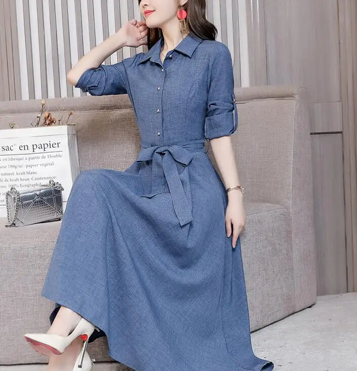 

High Quality Plus Size M-3XL 2019 Spring New Arrival Turn-down Collar Long Sleeve Solid Color Woman Long Cotton Linen Dress