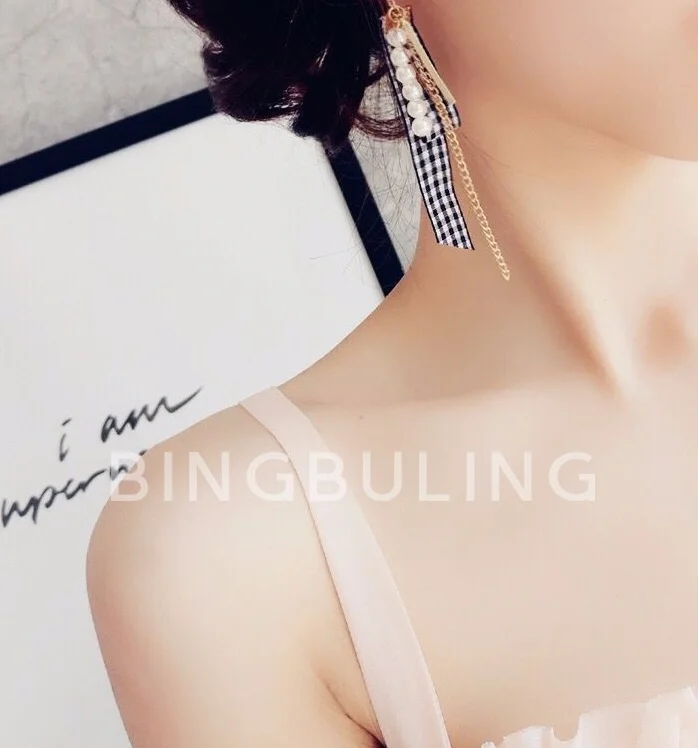 Новая мода Корея милая клетчатая Лента Ткачество жемчуг кисточкой серьги любовь кулон длинные подвески для женщин ювелирные изделия
