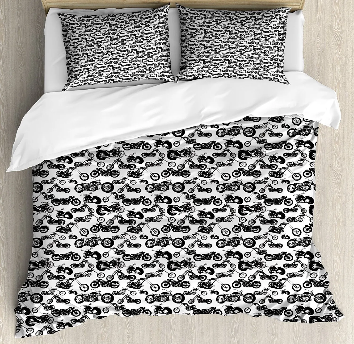 

Motorcycle Duvet Cover Set by Retro Chopper Pattern Monochrome Motorbike Design Adventure Cruising Theme 4 Piece Bedding Set