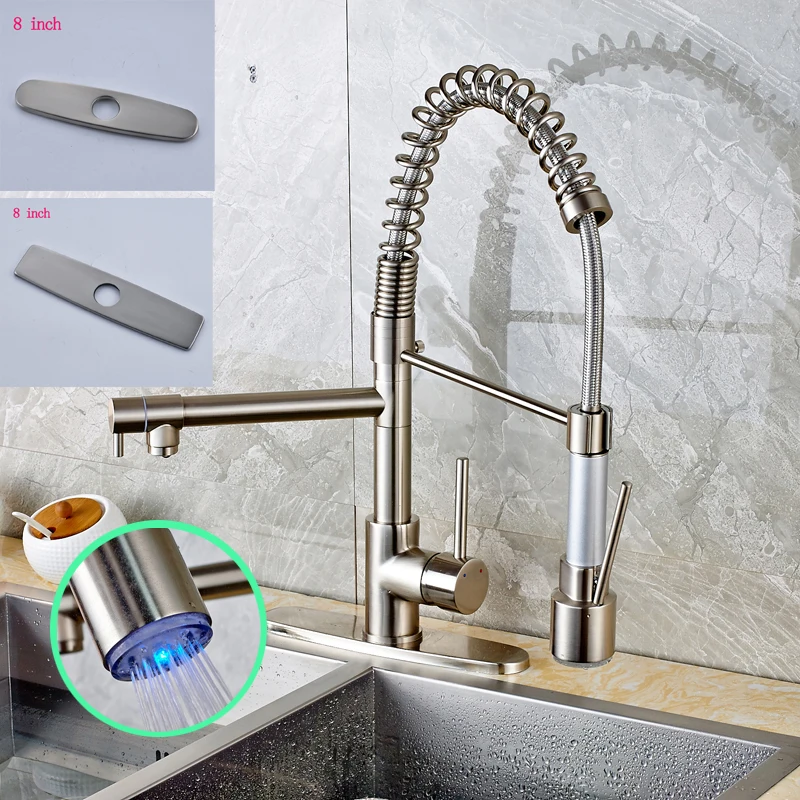 

Nickel Brushed Countertop LED Spout Mixer Tap Swivel Spout Pull Out Kitchen Sink Faucet With Cover Plate