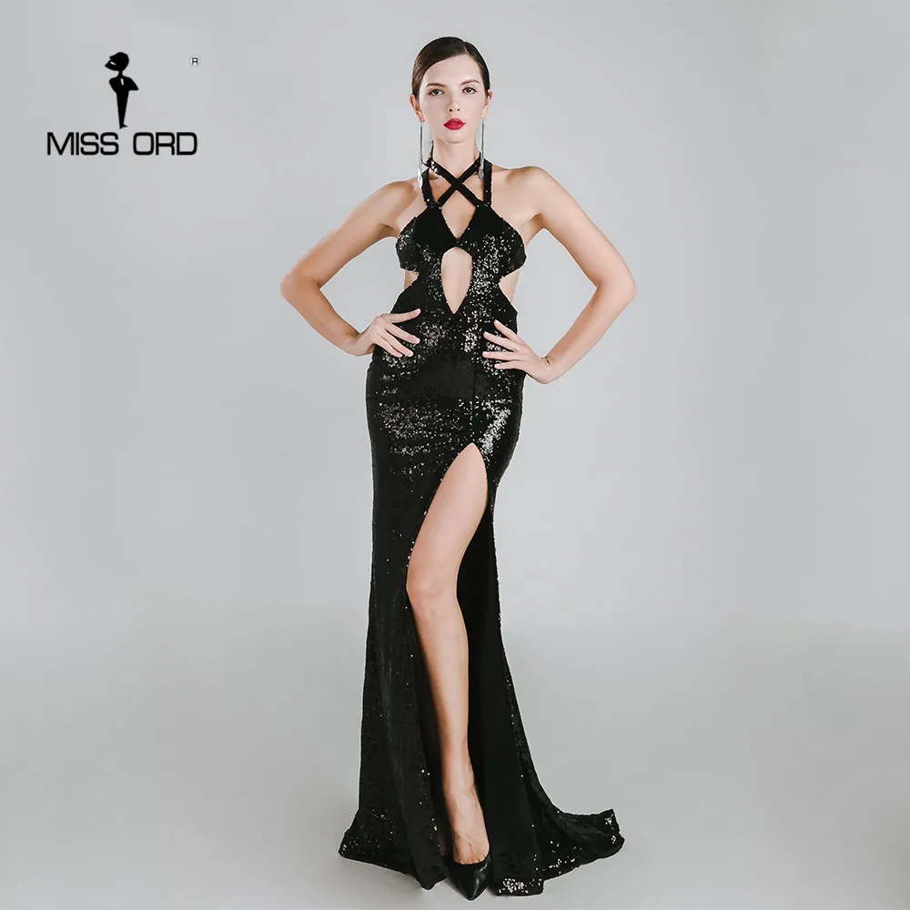 

Missord 2020 Sexy sleeveless halter split party dress sequin maxi dress FT4783