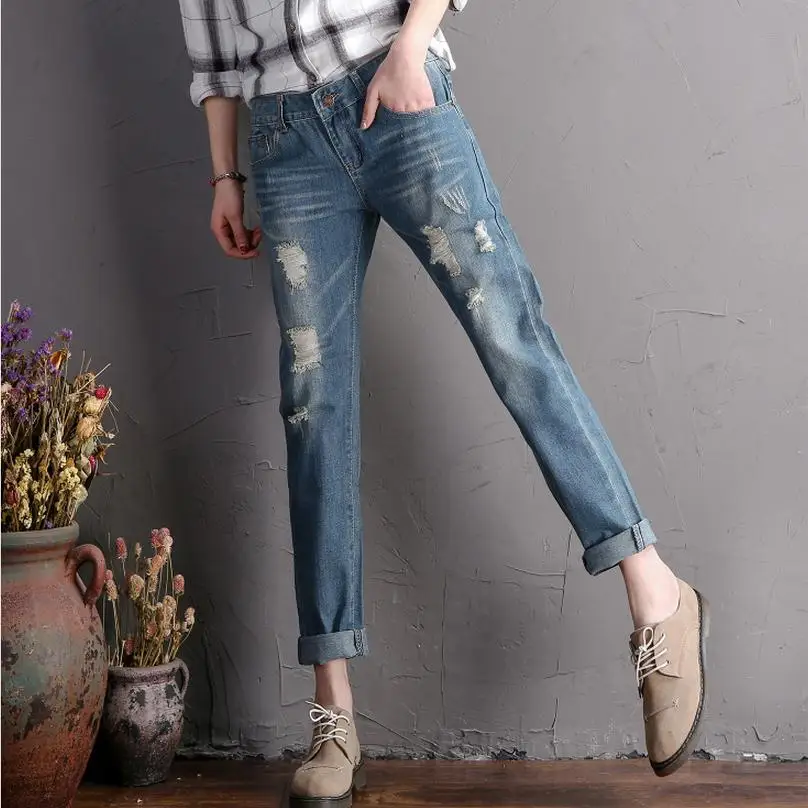 Весенние и осенние женские отбеленные тонкие хлопковые джинсы до щиколотки тонкие джинсы индивидуальные маленькие Гаремные штаны с дырками wj930