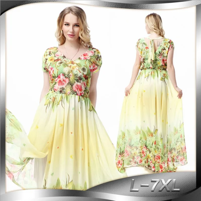 

JESDEVICO Chiffon Front Allover Print V-Neck Dress Women Large size Summer Fairy style A Line Short Sleeve Fit and Flare Dresses