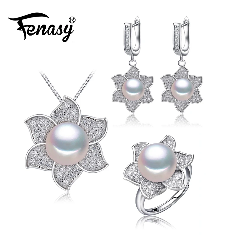 

FENASY natural freshwater Pearl Jewelry sets White necklace for Women Pearl Necklace/big flower clip earrings wedding jewelry