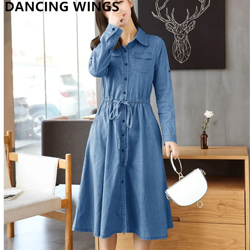 

DANCING WINGS Bodycon Plus Size Women Sashes Striped Jeans Dress Elegant Spring Slim Cowboy Casual Dresses Vestidos
