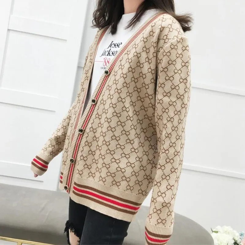 

2018 new jacquard letter double g medium-long cardigan sweater women's lazy style relaxed casual large thick coat