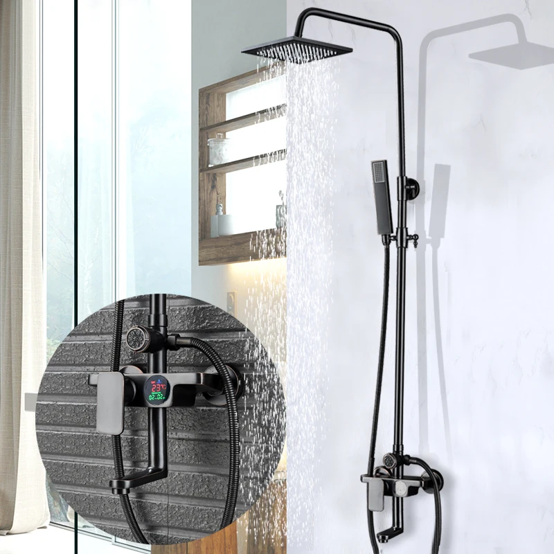 

Digital Display Shower Mixer Faucet Set Single Handle Rotate Spout Bath Shower System Rainfall 8 inch shower head with Hand Show