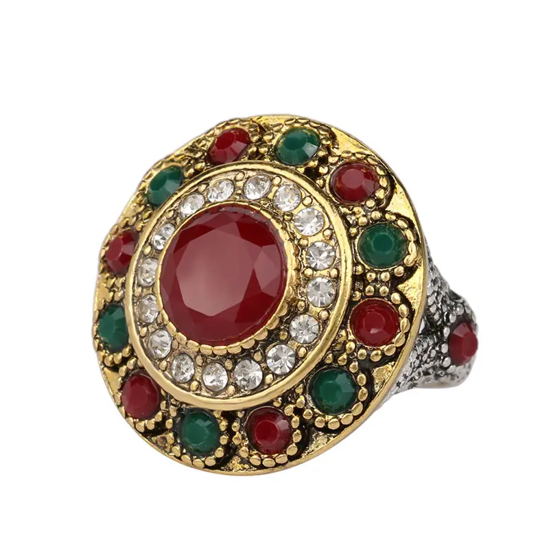

Indian Jewelry Boho Red Resin Stone Ring Luxury Crystal Antique Gold Rings For Women Wedding Size 7-10