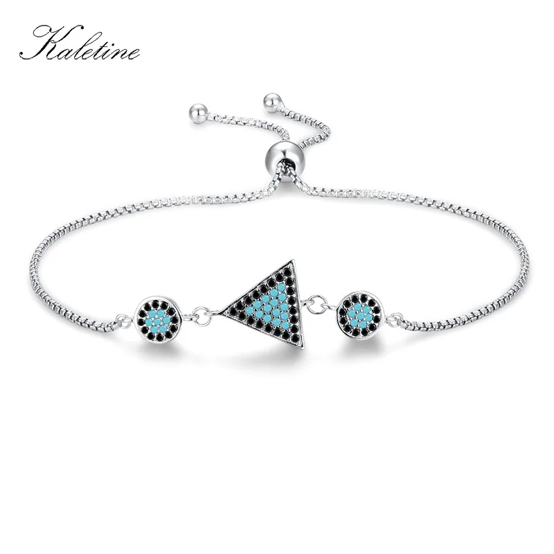 

KALETINE Wholesale 925 Sterling Silver Bracelet Geometric Two Evil Eye Blue Charm Bracelets Adjustable Bead Women KLTB031
