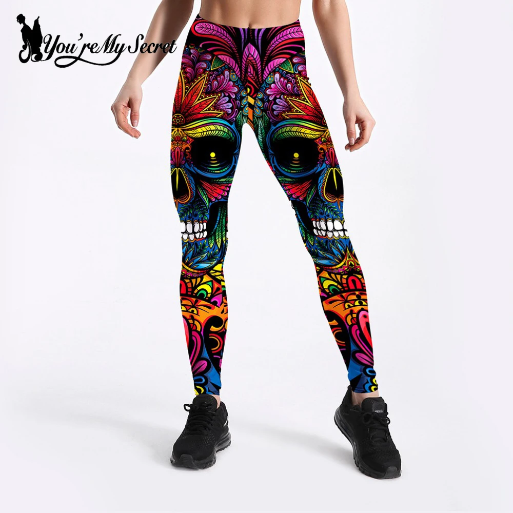 

[You're My Secret] 2019 Halloween New Fashion Rose Skull High Waist Fitnesss Women Legging High Quality Fitness Push Up Leggins
