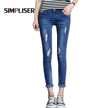 

SIMPLISER Denim Ripped Skinny Jeans for Women Cuffs With Pockets Jean Slim Femme Calf Length Leggings Women 2018