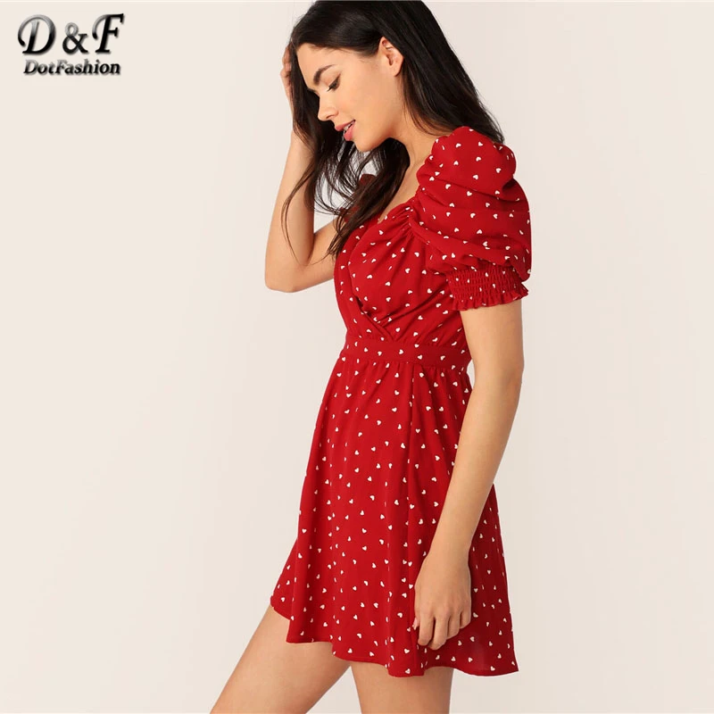 Dotfashion زر أبيض عودة كشكش تنحنح الاستوائية طباعة اللباس النساء 2019 الصيف بوهو قصيرة الأكمام قطرة الخصر تونك فساتين قصيرة