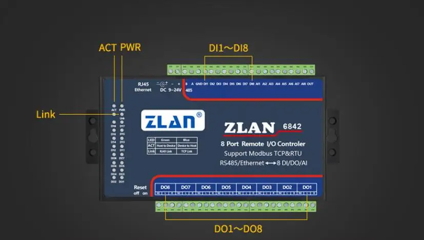 ZLAN6842 RS485 RJ45 Ethernet 8 каналов DI AI DO RS485 Modbus I/O Модуль RTU сборщик данных пульт дистанционного управления Модуль платы