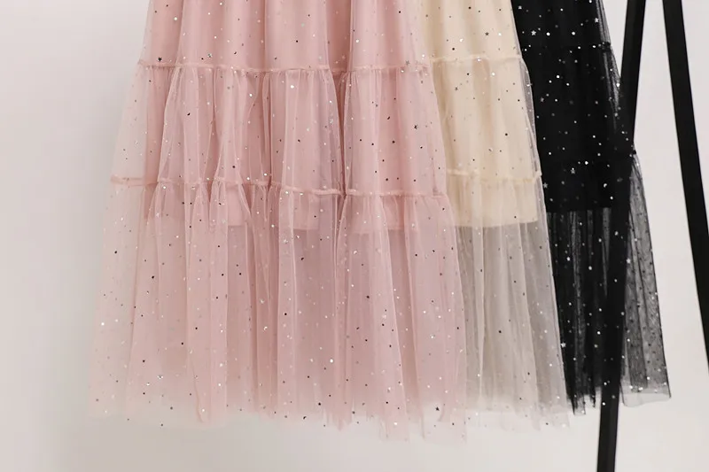 JSXDHK летние женские сетчатые Шикарные Длинные юбки модные розовые юбки со звездами с высокой талией Плюс Размер фатиновые Бальные юбки