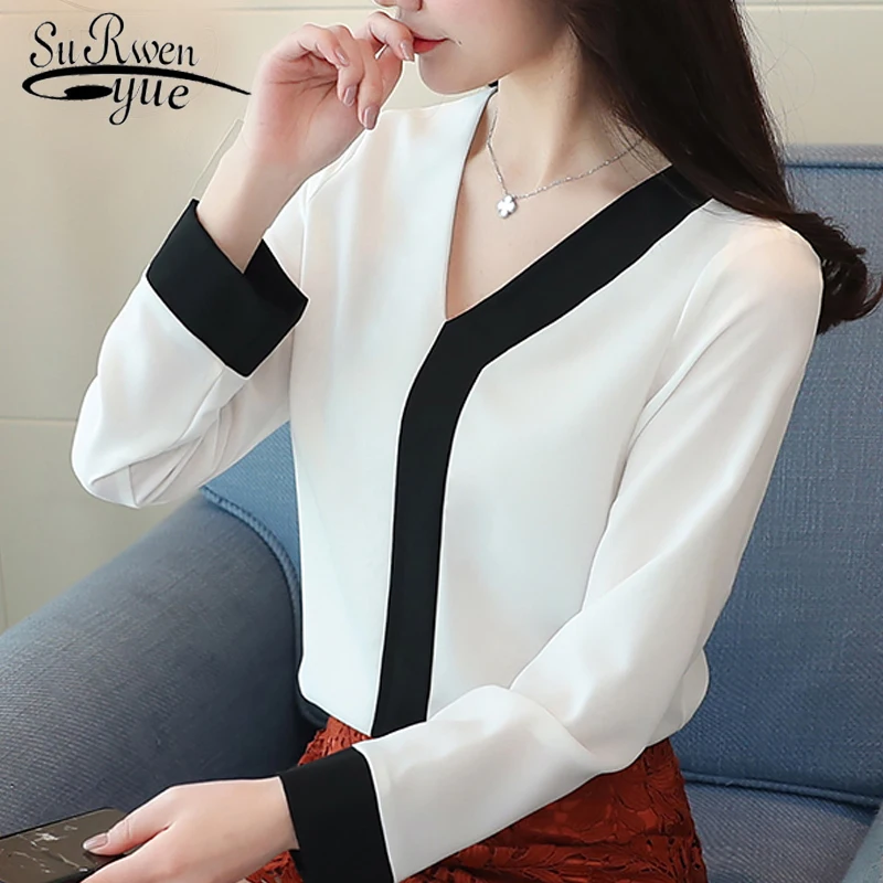 2020 New Ladies Tops Office Chiffon Blouse Women Fashion V Neck Long Sleeve Patchwork Shirt Female 