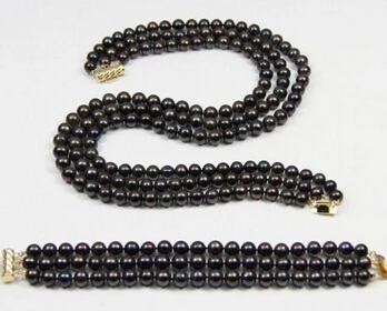 

ddh001341 3 ROW 8-9mm Black tahitian Pearl Necklace Bracelet Set