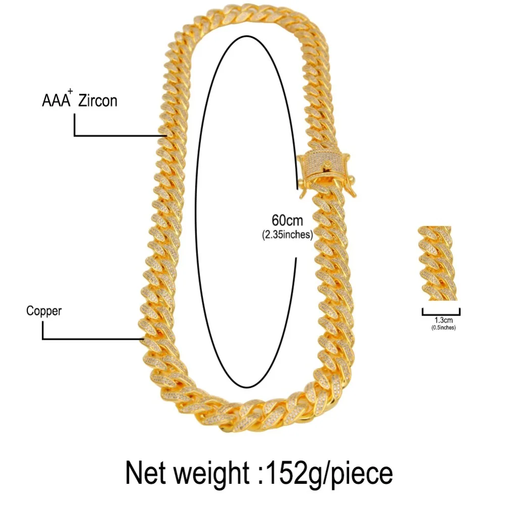 Шикарный король 13 мм CZ кубинская цепь и браслет набор золото серебро цвет хип хоп микро украшенное кубическими камнями циркония блестящая медь