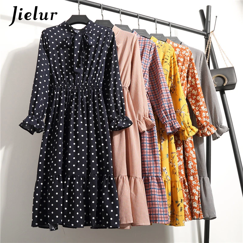 

Jielur 2019 New Spring Chiffon Dress Women 25 Styles Plaid Dot Floral Loose Lace-up Robe Femme Kpop Fashion Ladies Dresses S-XL