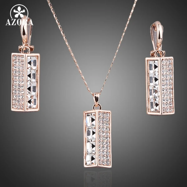 AZORA New Rose Gold Color Stellux Austrian Crystal Lamp Drop Earrings and Necklace Jewelry Sets TG0043