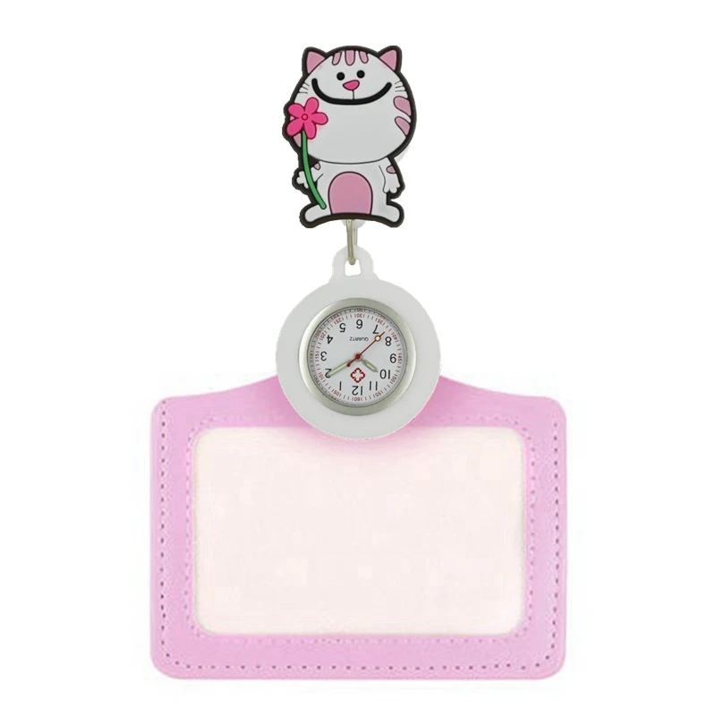 Мода 2 в 1 мультфильм животных мягкой резины медсестры выдвижной карманные часы для женщин бейдж доктора катушка имя карты часы