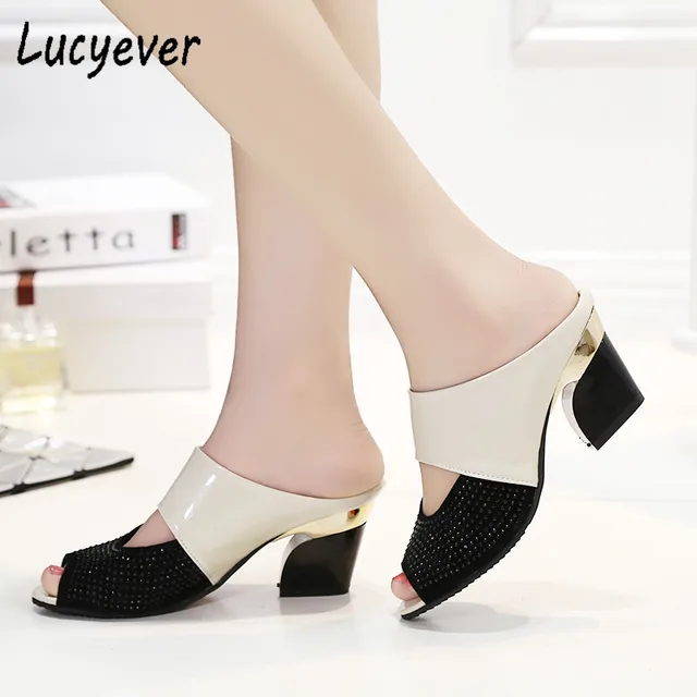 Lucyever Women Summer Patent Leather Sandals Fashion Rhinestones Patchwork Shoes Woman Sexy Peep Toe Chunky Heels Flip Flops