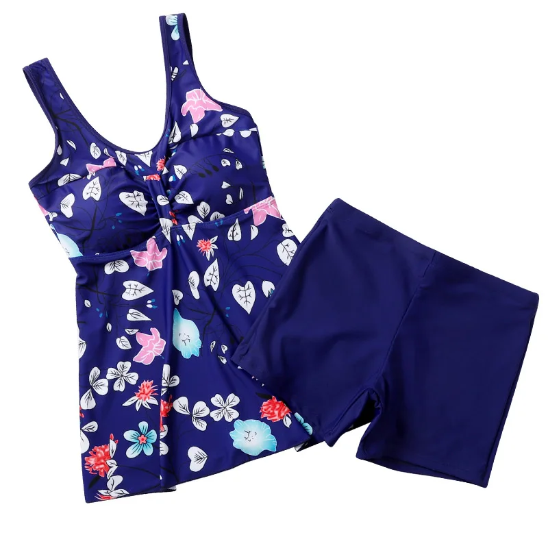 

Beach Two Pieces Swimwear Women Tankini Set Floral Top with Solid Box Shorts Swimsuit Push Up Bathing Suits Plus Size 2019