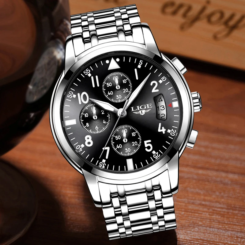 Najtaniej LIGE męskie zegarki Top marka luksusowa moda biznes kwarcowy zegarek mężczyźni Sport wszystkie stalowe srebrne czarne zegarki Relogio Masculino + Box
