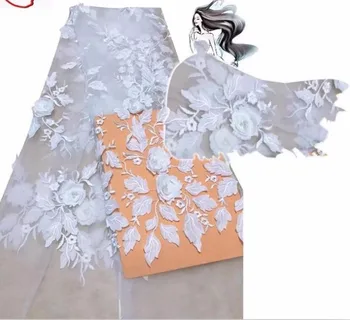 

High Quality African Lace Fabrics 2018 With 3 d flowers beads French Net Lace Fabric Embroidered Tulle Mesh Lace for wedding