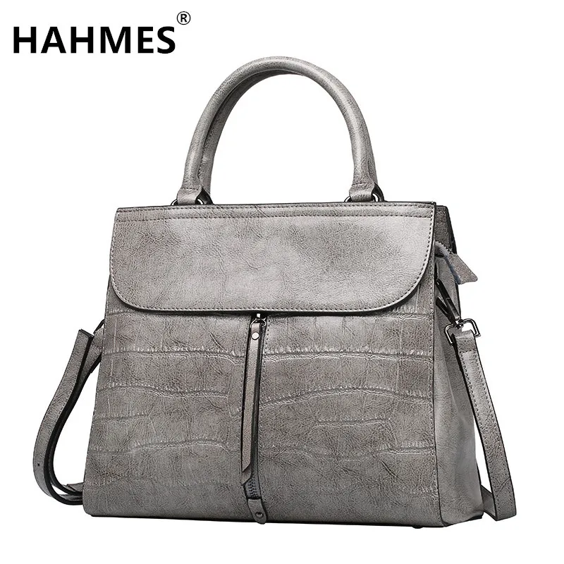 

HAHMES 100% Genuine Leather Crocodile pattern design Women's handbag female High capacity cow leather shoulder bag 30cm 10756#