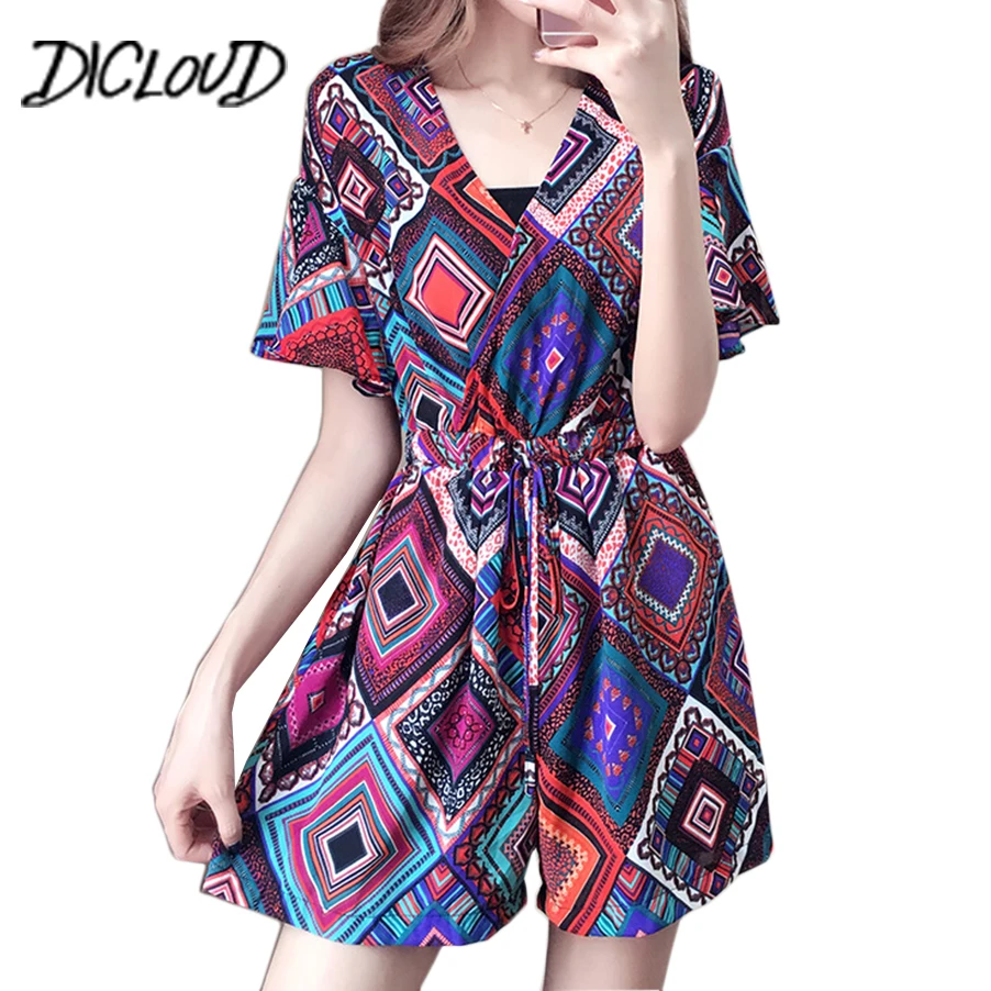 

DICLOUD Large Size Pants Women 2018boho Print Loose Rompers Female V-Neck High Waist Wide Leg Playsuit Summer Macacao Feminino