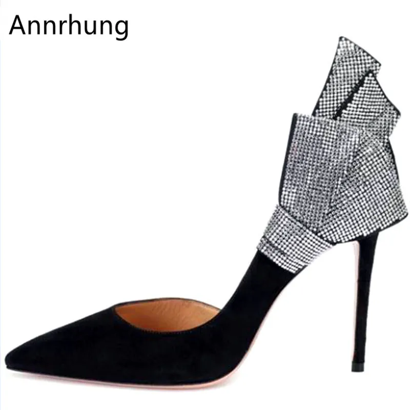 

Ruffles Crystal Stiletto High Heeled Women Pumps Sexy Pointed Toe Black Flock Shoes Rhinestone Bowknot Slip on Sapato Feminino