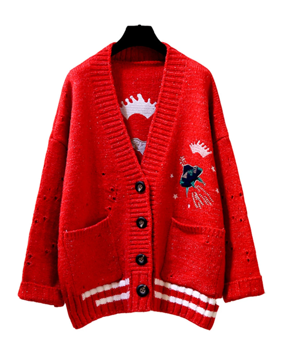 

Kenancy Embroidery Keyhole Cardigan Full Sleeve V-Neck Sweater Casual