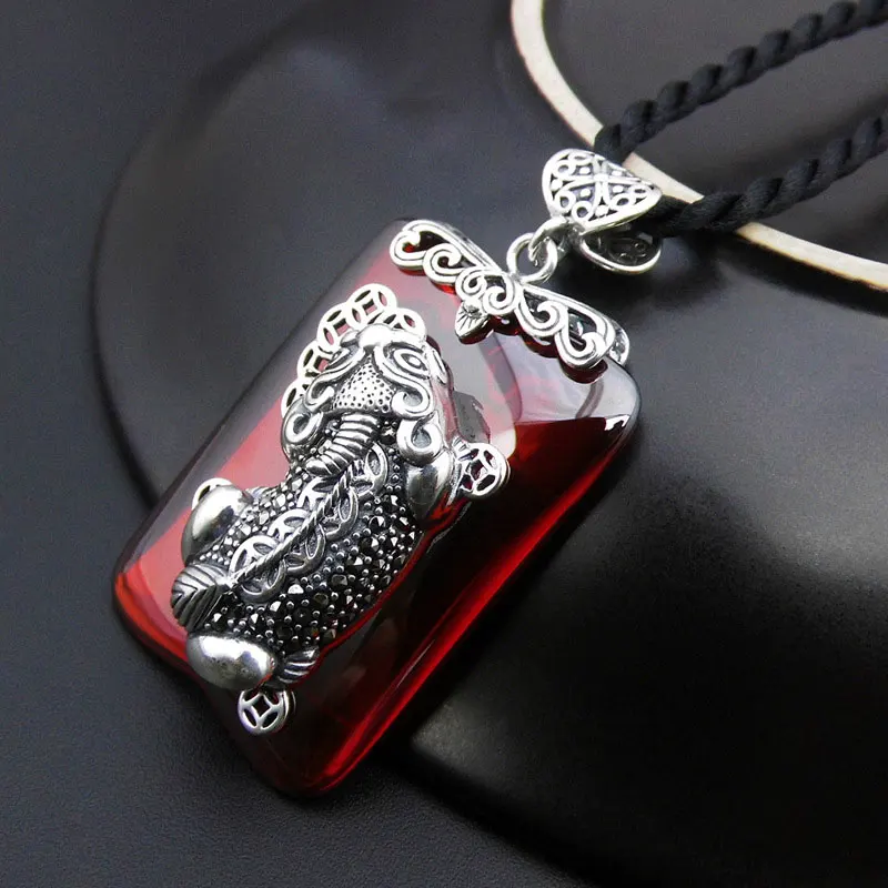 

FNJ 925 Silver Pixiu Pendant Square Red Cubic Zircon Stone Pure S925 Solid Thai Silver Pendants for Women Jewelry Making