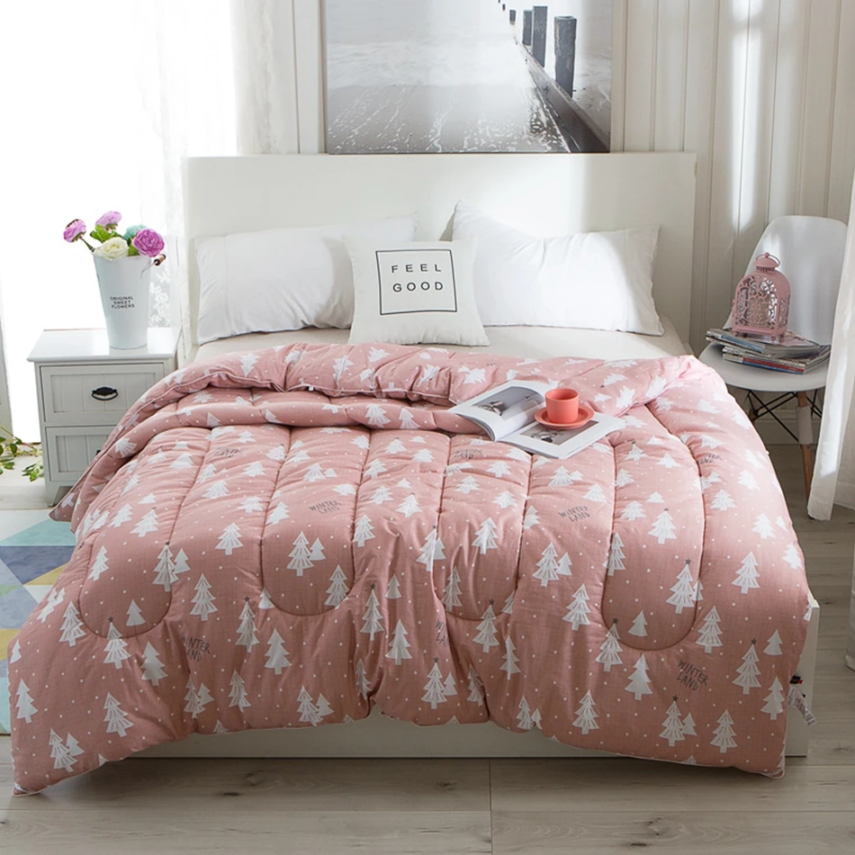 100 Cotton Pink Comforter White Christmas Trees Printed Comfortable 150*200cm/200*230cm Quilt